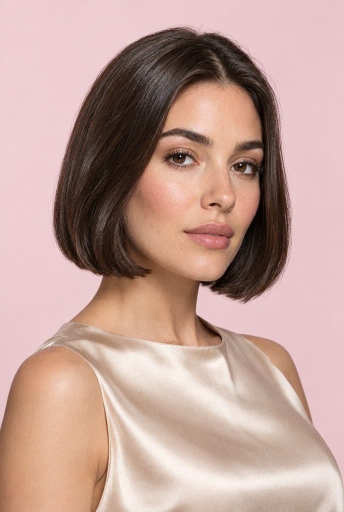Model with a sleek, glossy chin-length bob and a champagne satin top