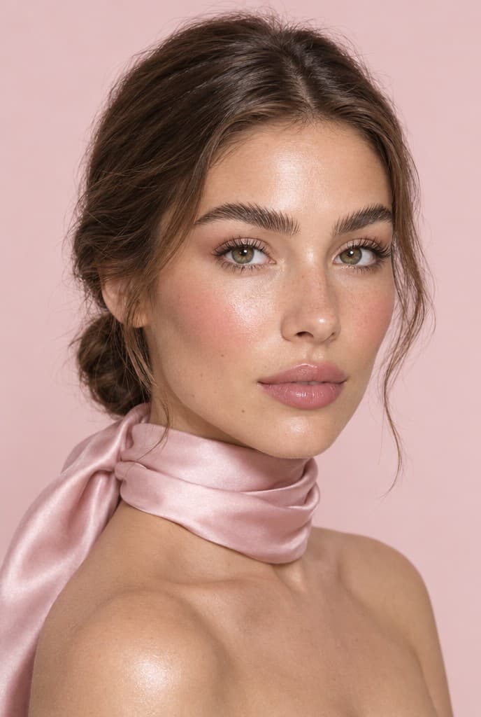 Model with softly laminated, brushed-up brows and a blush satin scarf