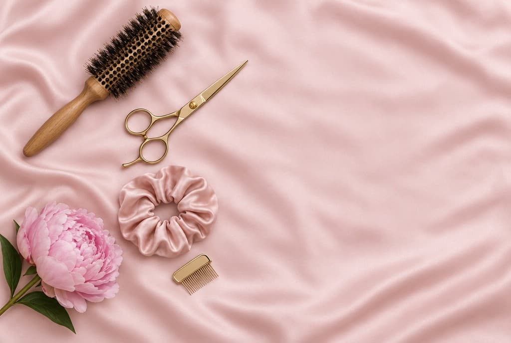 A round brush, gold scissors, a satin scrunchie, a small comb and a pink peony on blush silk