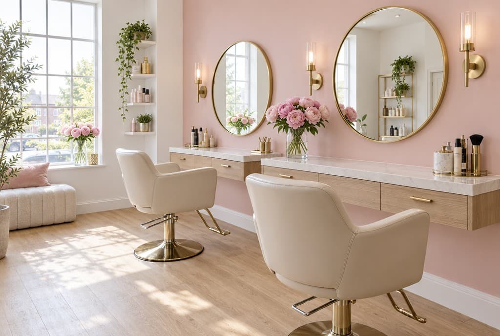 Inside the studio: two cream salon chairs, blush walls, round brass mirrors and a vase of peonies