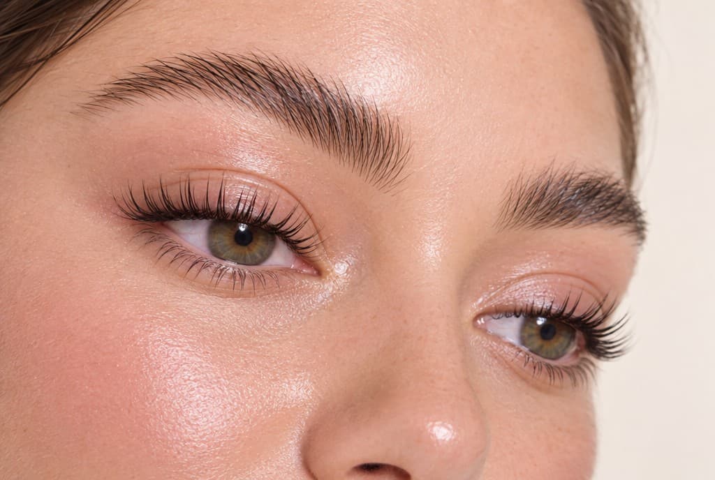 Close-up of lifted, tinted lashes and groomed brows