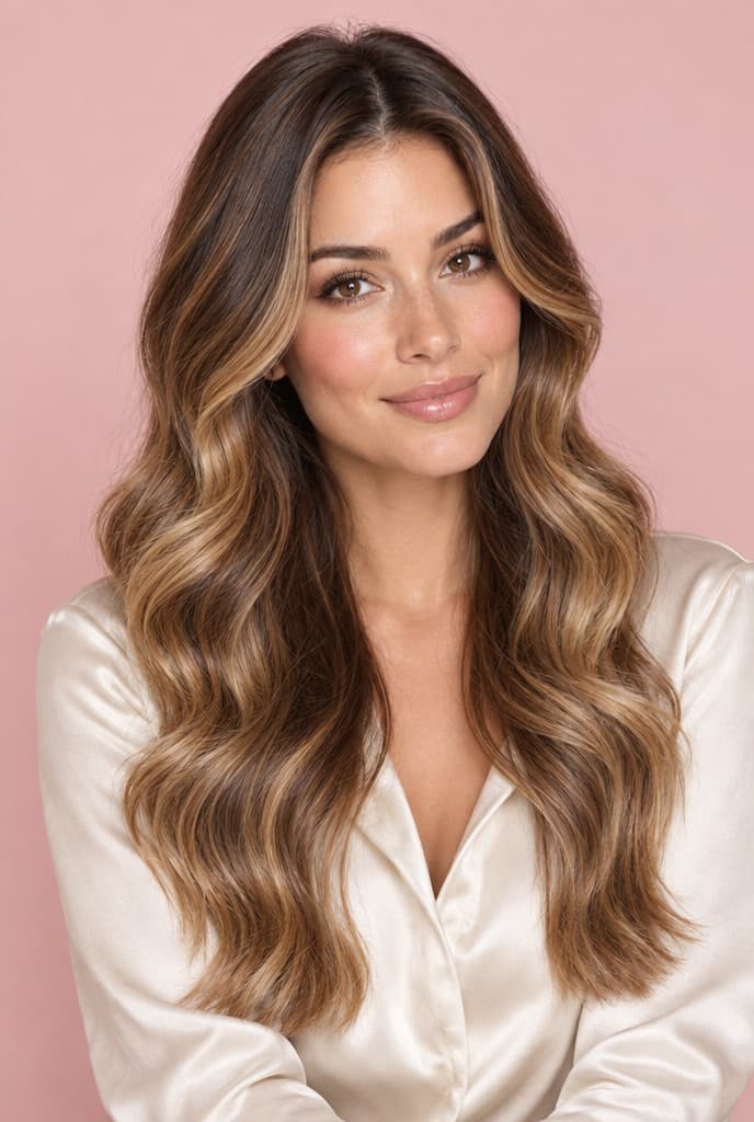 Model with long, glossy balayage waves and a champagne satin shirt